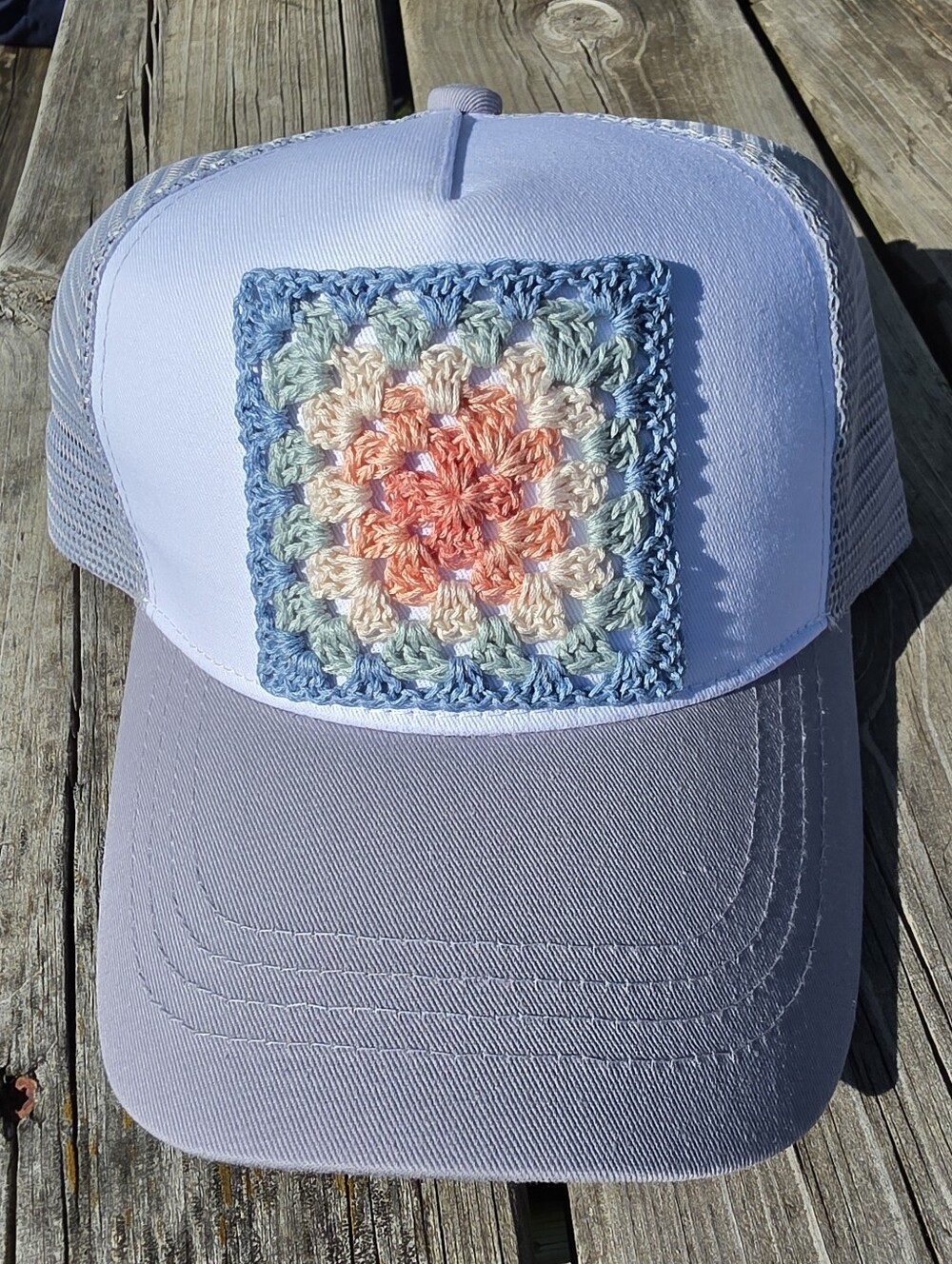 Pastel Crochet Granny Square Trucker Hat